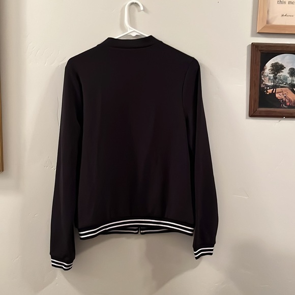 Women’s Long Sleeved Jacket, Black W/ Red and White Stripes around Cuffs & Hem - Picture 6 of 6